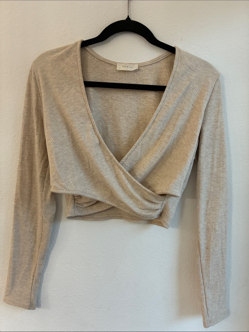 Ribbed Wrap Crop Top in Light Beige